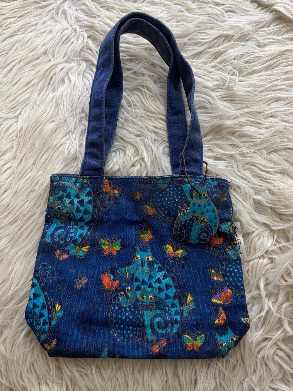 Laurel Burch Fantastic Felines Blue Cat Butterflies Canvas Small Tote Bag Purse